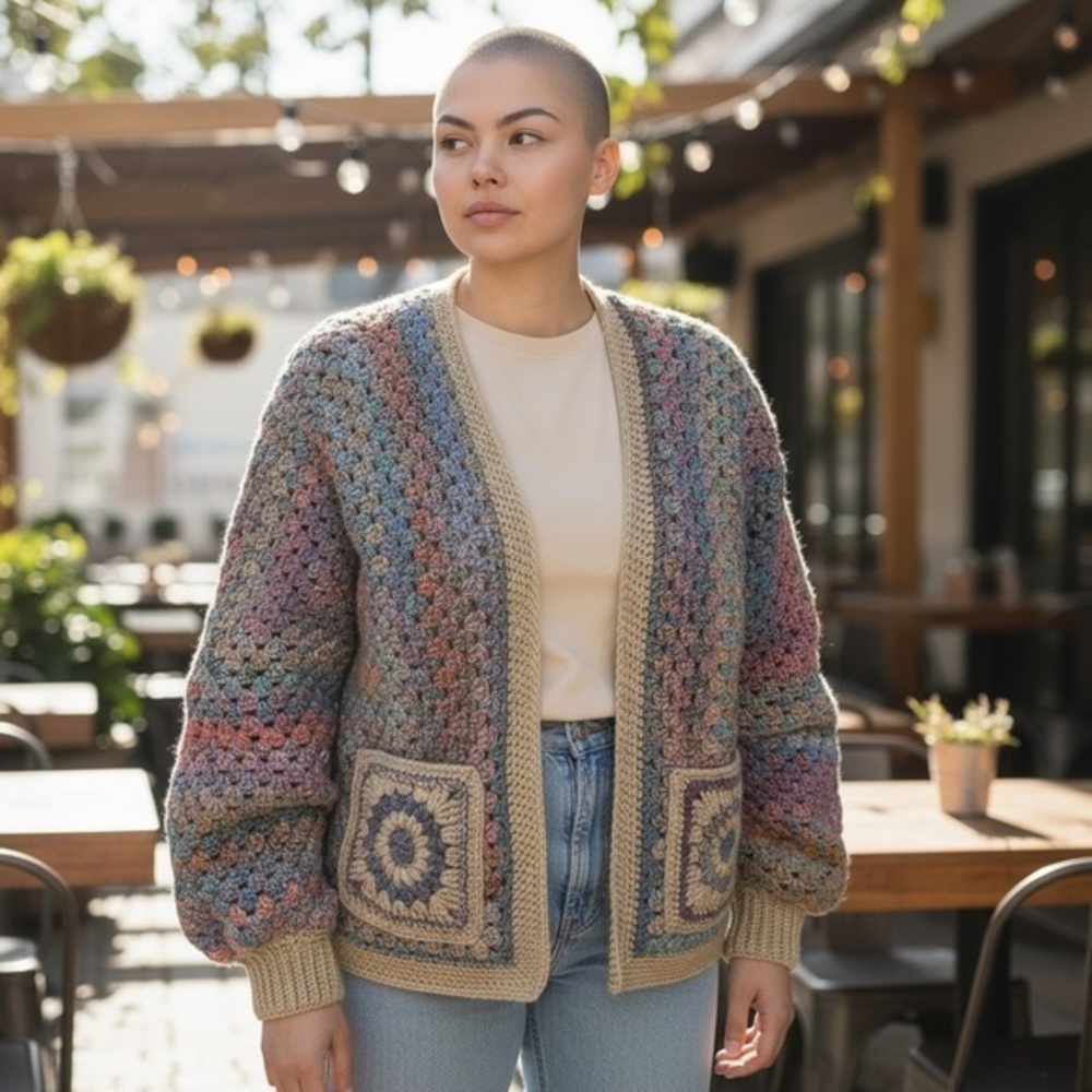 Handcrafted Crochet Hexagon Cardigan Sweater Open Front Wide Sleeve 2 Pockets